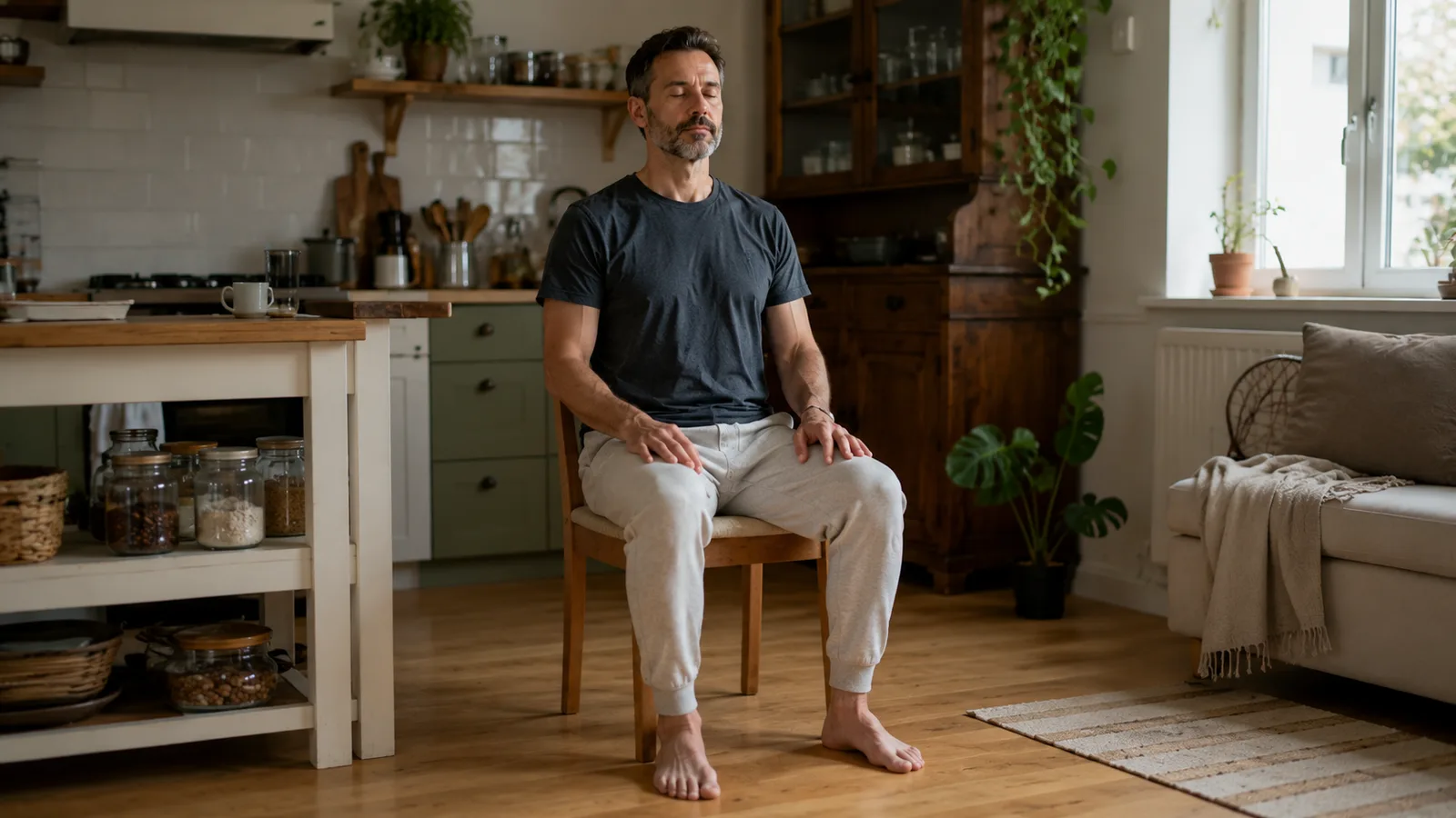 První meditaci zvládnete na obyčejné židli. Chodidla na zemi, uvolněná ramena, pozornost u dechu.